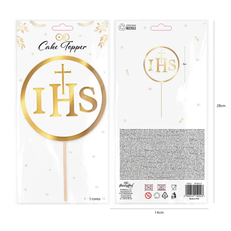 Topper na tort komunijny IHS biało-złoty 1szt.
