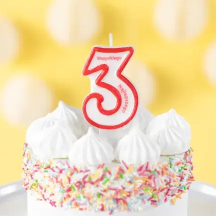Świeczka cyfra 3 z napisem Wszystkiego najlepszego