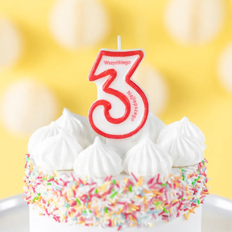 Świeczka cyfra 3 z napisem Wszystkiego najlepszego