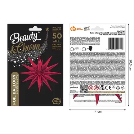Balon foliowy Gwiazda 3D czerwona, 50x46cm Balon foliowy Gwiazda 3D czerwona, 50x46cm