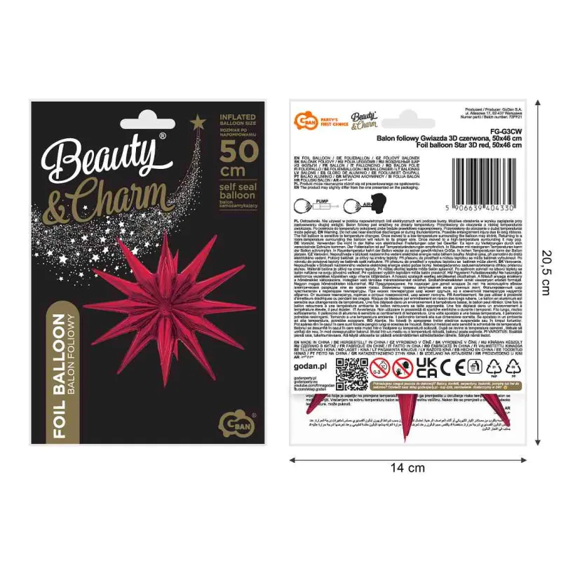 Balon foliowy Gwiazda 3D czerwona, 50x46cm Balon foliowy Gwiazda 3D czerwona, 50x46cm