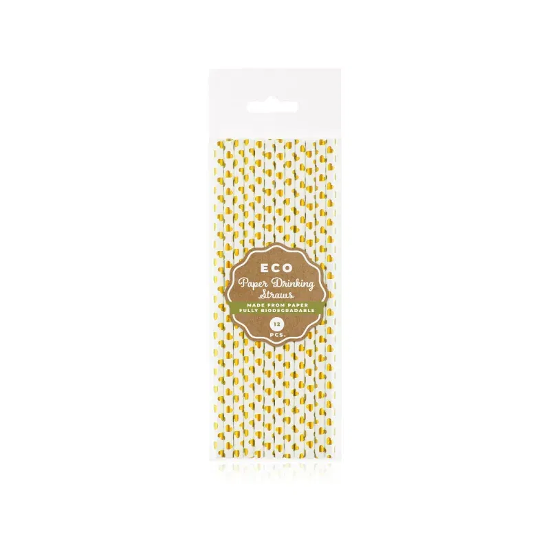 Słomki Papierowe do Picia Białe w Złote Błyszczące Serca, 12 szt.