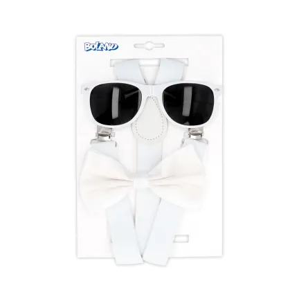 Zestaw imprezowy dla mężczyzny (okulary, muszka, szelki), biały Zestaw imprezowy dla mężczyzny (okulary, muszka, szelki), biały