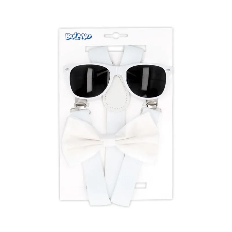 Zestaw imprezowy dla mężczyzny (okulary, muszka, szelki), biały Zestaw imprezowy dla mężczyzny (okulary, muszka, szelki), biały