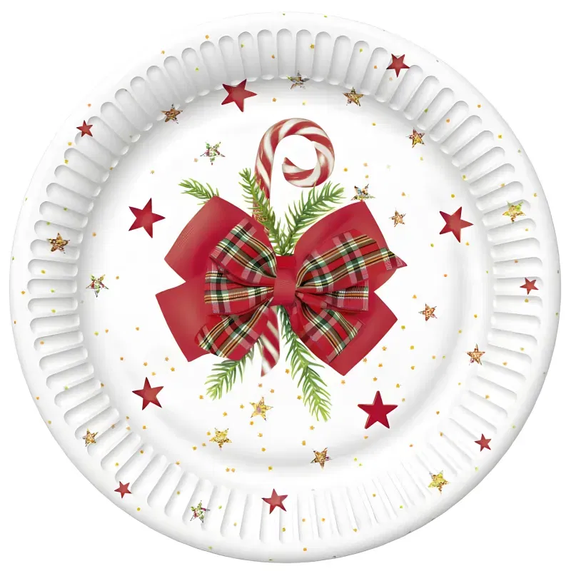 Talerze Świąteczne papierowe 18cm Checked Bow with Candy Cane 8 szt.