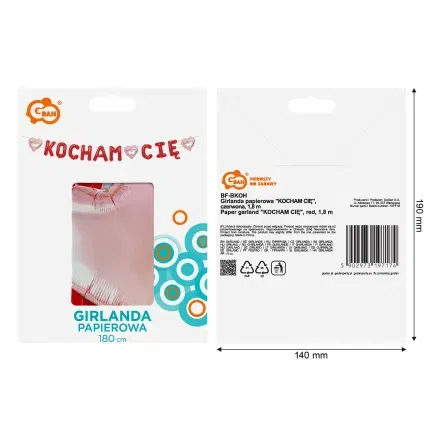 Girlanda papierowa KOCHAM CIĘ, czerwona, 1,8 m.