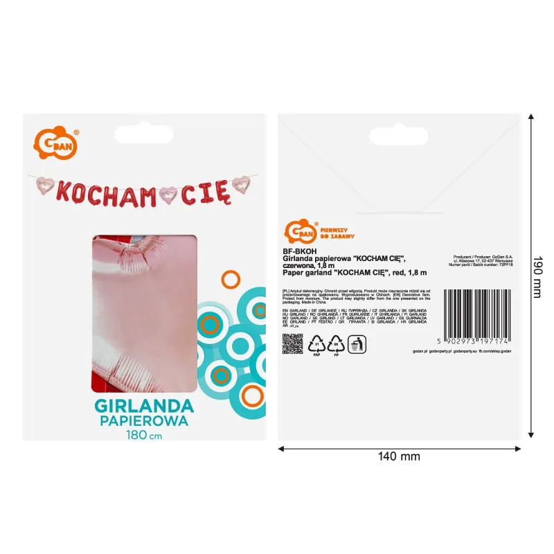 Girlanda papierowa KOCHAM CIĘ, czerwona, 1,8 m.