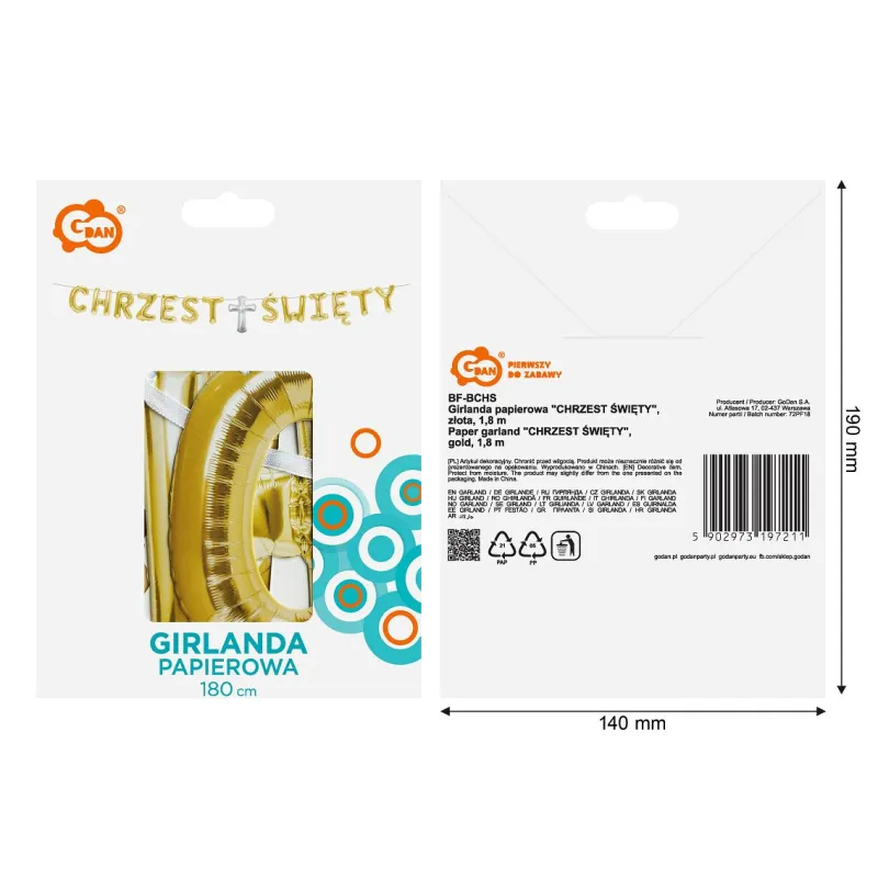 Girlanda papierowa CHRZEST ŚWIĘT, złota , 180 cm Girlanda papierowa CHRZEST ŚWIĘT, złota , 180 cm