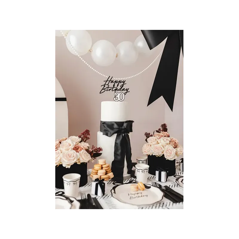 Topper akrylowy na tort Happy Birthday, czarny, 16.5 cm