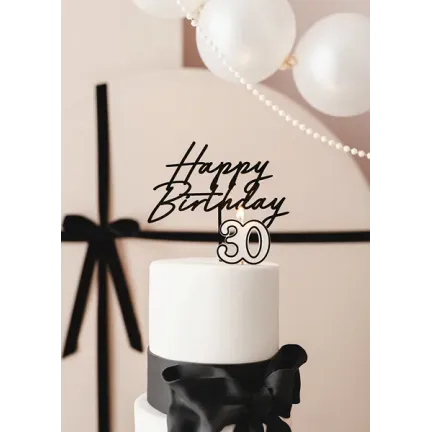 Topper akrylowy na tort Happy Birthday, czarny, 16.5 cm