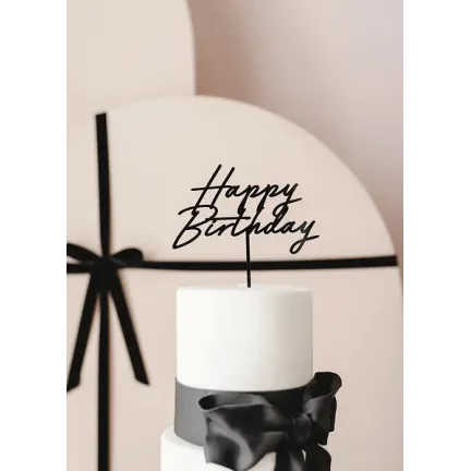 Topper akrylowy na tort Happy Birthday, czarny, 16.5 cm