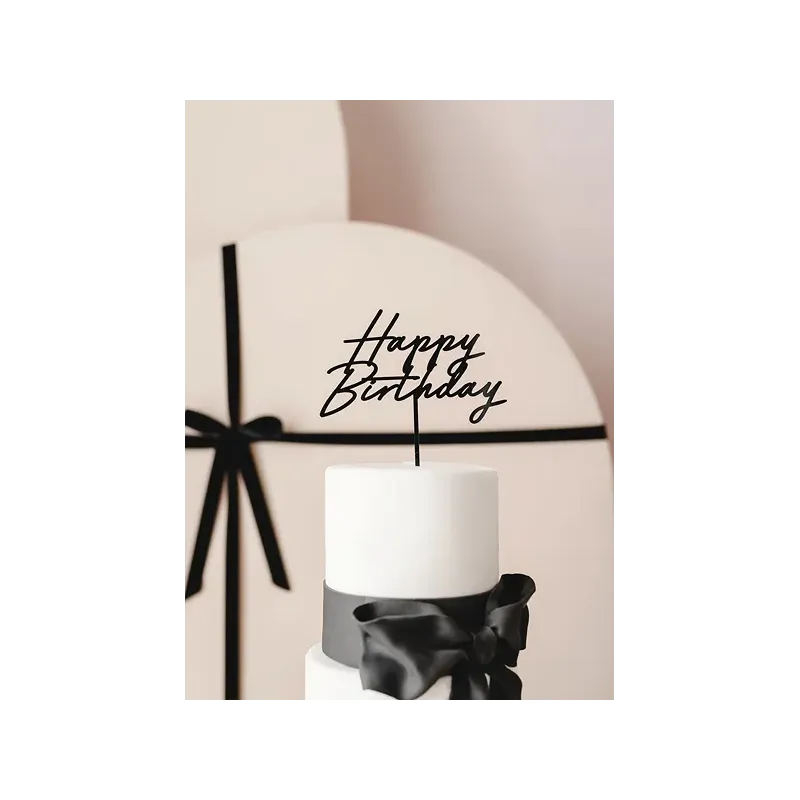 Topper akrylowy na tort Happy Birthday, czarny, 16.5 cm