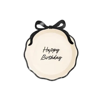 Talerzyki papierowe Happy Birthday z kokardką 24 cm 6szt.