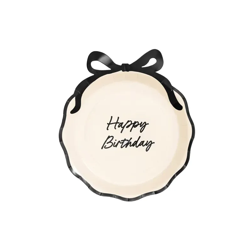 Talerzyki papierowe Happy Birthday z kokardką 24 cm 6szt.