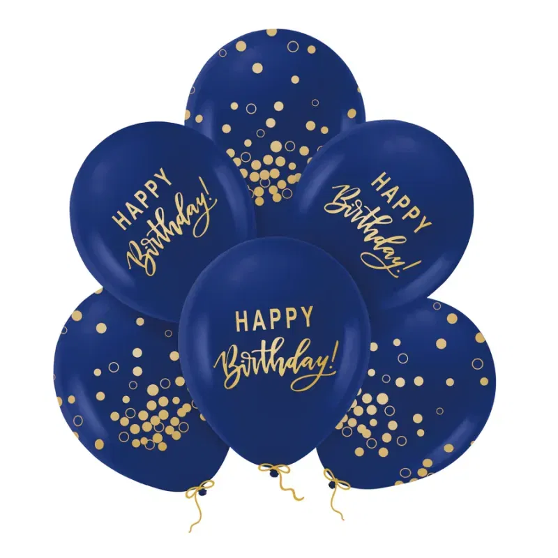 Balony Happy Birthday granatowo-złote 12cali 6szt. zestaw