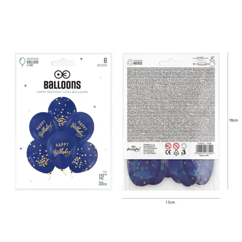 Balony Happy Birthday granatowo-złote 12cali 6szt. zestaw Balony Happy Birthday granatowo-złote 12cali 6szt. zestaw