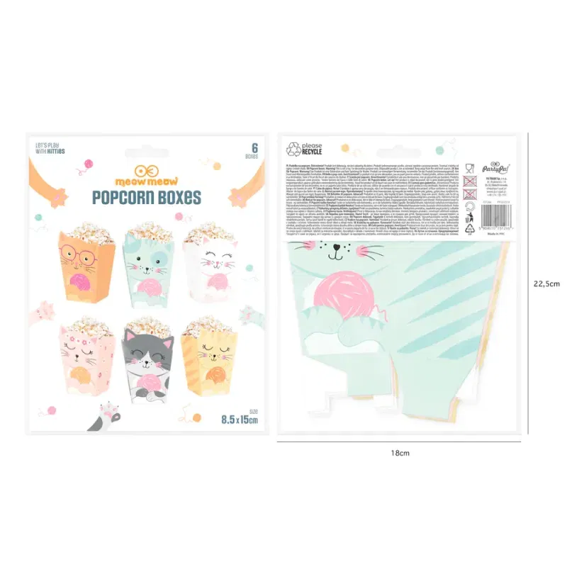Pudełko na popcorn Kotki 8,5x15cm 6szt. zestaw Pudełko na popcorn Kotki 8,5x15cm 6szt. zestaw