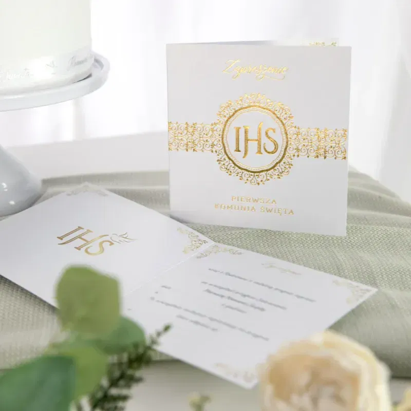 Zaproszenie na komunię biało-złote 10szt.