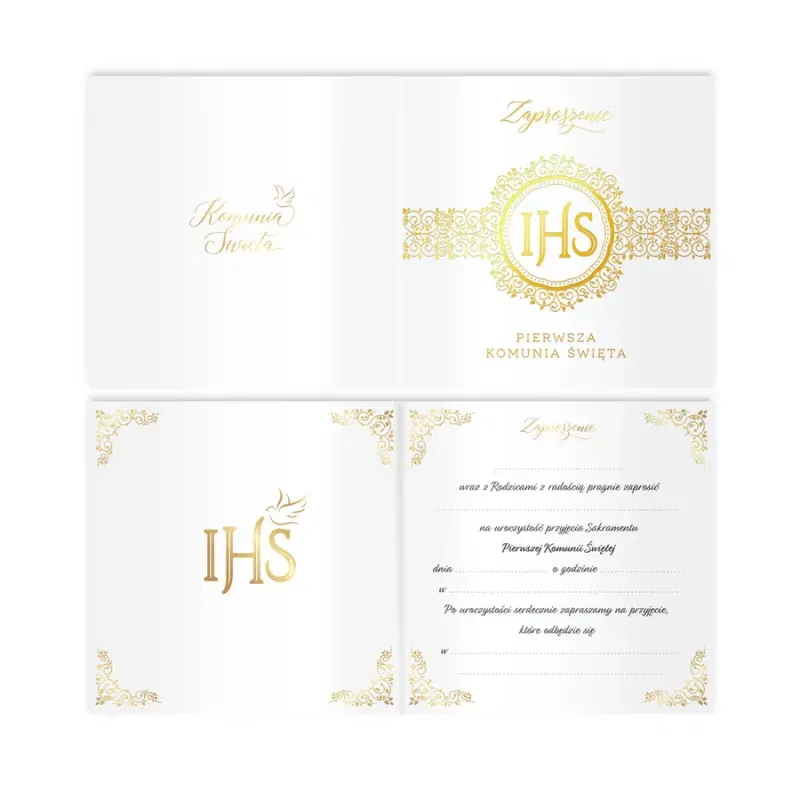 Zaproszenie na komunię biało-złote 10szt.