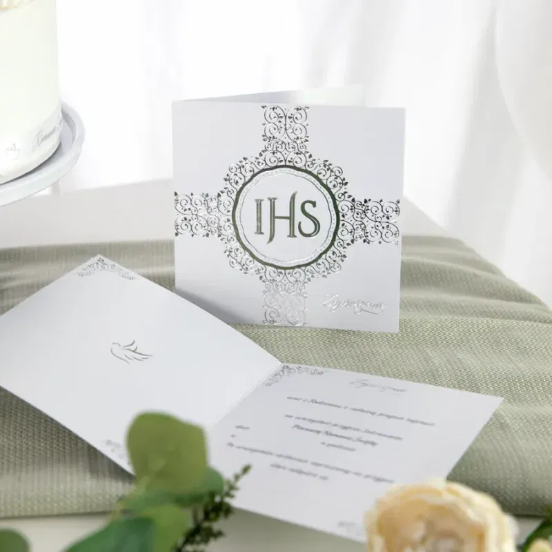 Zaproszenie na komunię biało-srebrne 10szt.