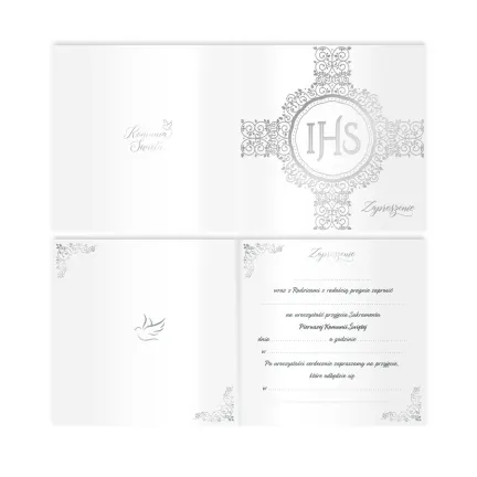 Zaproszenie na komunię biało-srebrne 10szt.