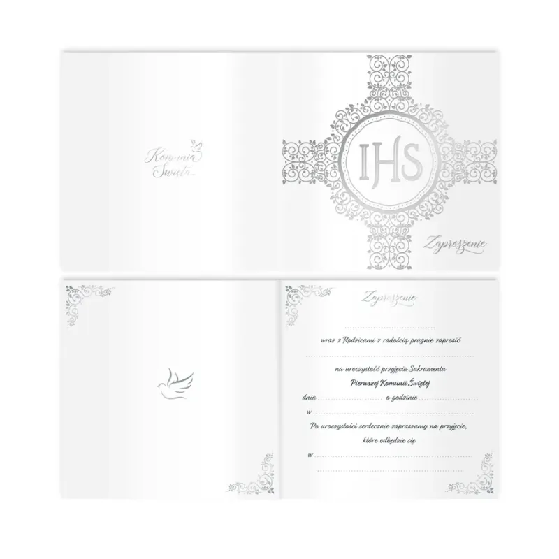 Zaproszenie na komunię biało-srebrne 10szt.