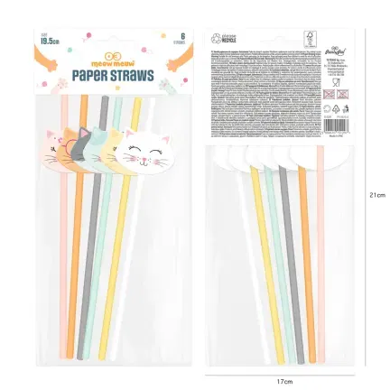 Słomki papierowe Kotki 19,5cm 6szt. zestaw