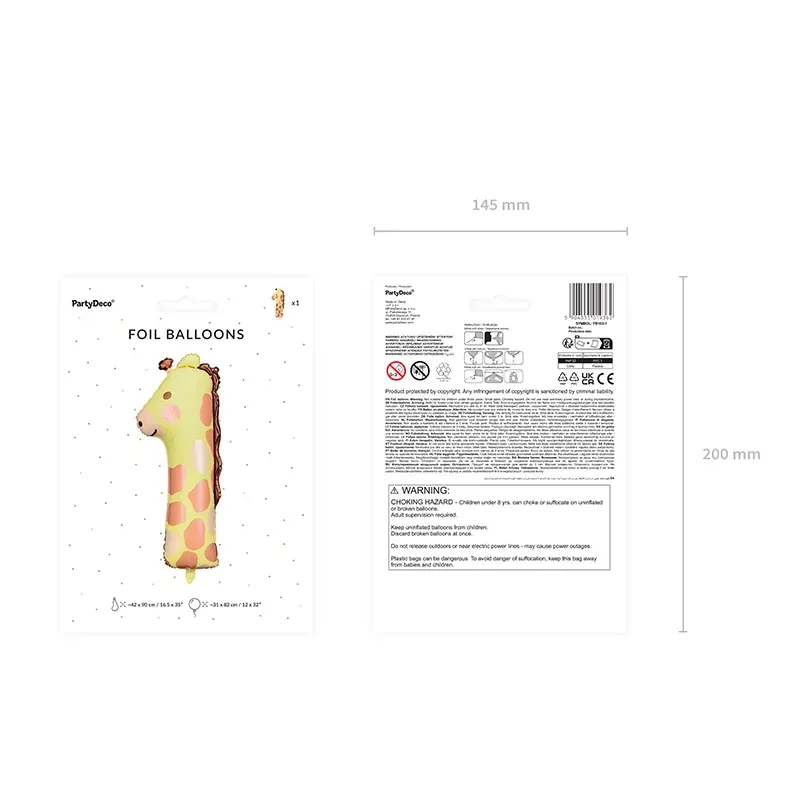 Balon foliowy Cyfra 1 - Żyrafa, 42x90 cm