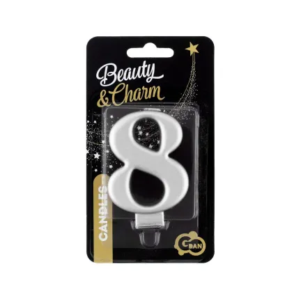 Świeczka 8 metalik srebrna, 8 cm