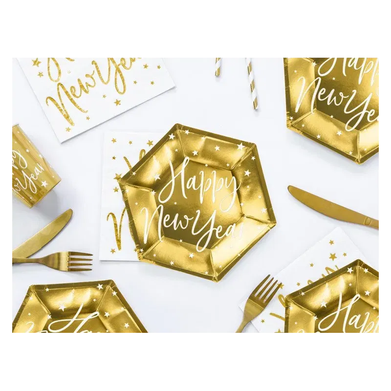 Talerzyki Happy New Year złoty, 6szt.