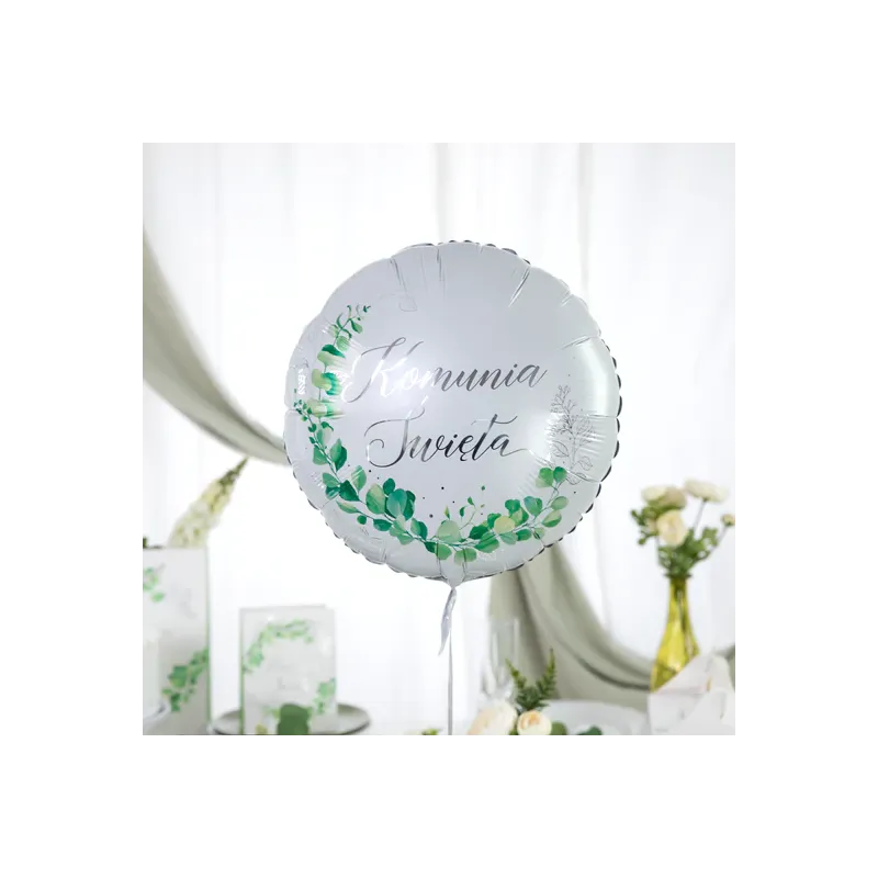 Balon foliowy Komunia Święta Eukaliptus srebrny 45cm 