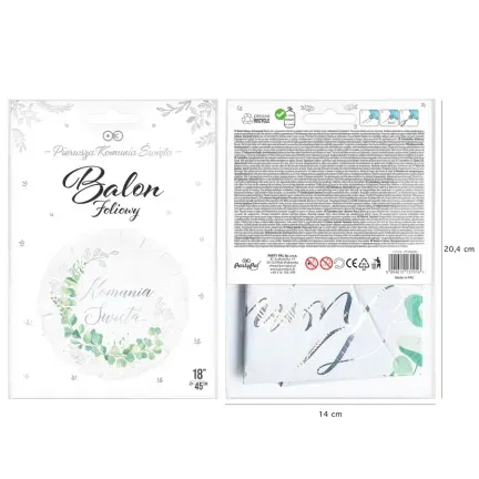 Balon foliowy Komunia Święta Eukaliptus srebrny 45cm 