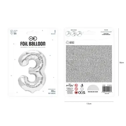 Balon foliowy cyfra 3 srebrny 40cm Balon foliowy cyfra 3 srebrny 40cm