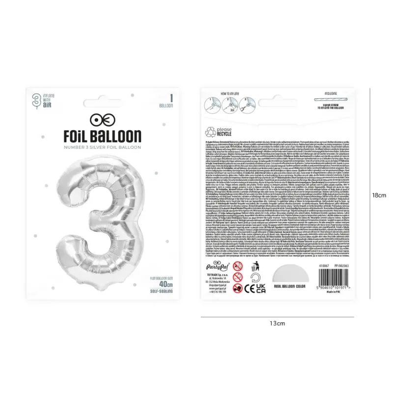 Balon foliowy cyfra 3 srebrny 40cm Balon foliowy cyfra 3 srebrny 40cm