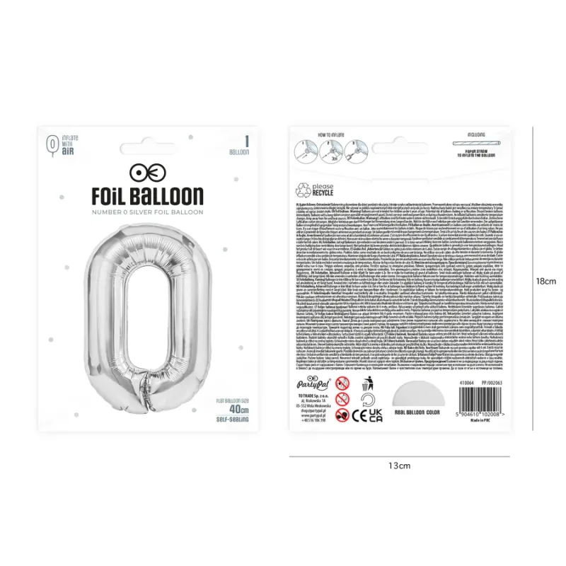 Balon foliowy cyfra 0 srebrny 40cm Balon foliowy cyfra 0 srebrny 40cm
