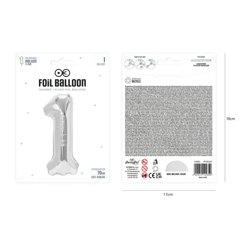 Balon foliowy cyfra 1 srebrny 70cm