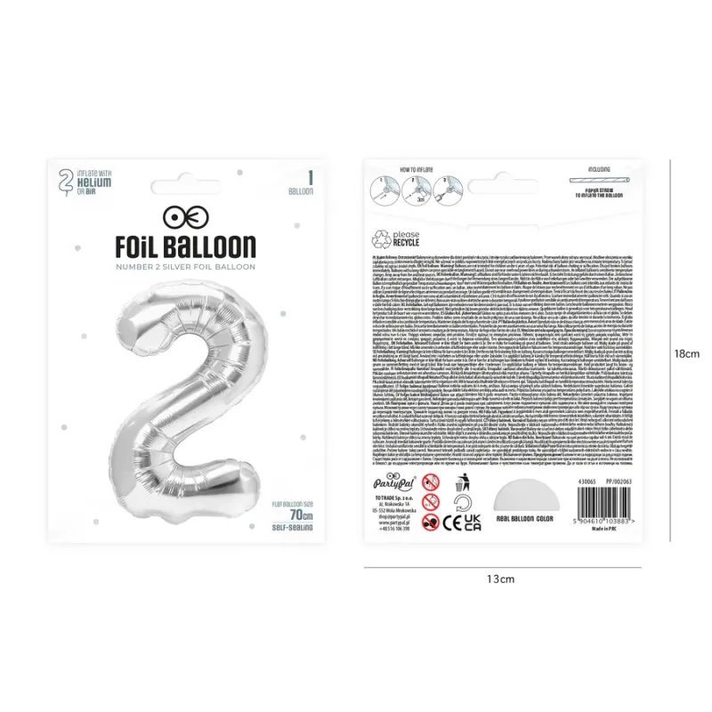Balon foliowy cyfra 2 srebrny 70cm