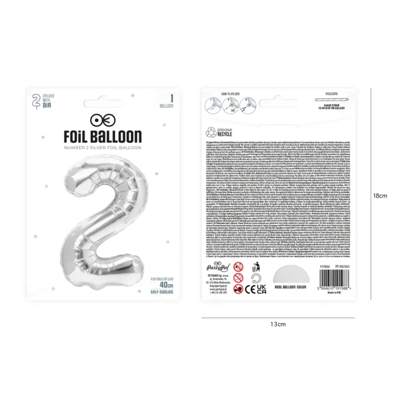 Balon foliowy cyfra 2 srebrny 40cm