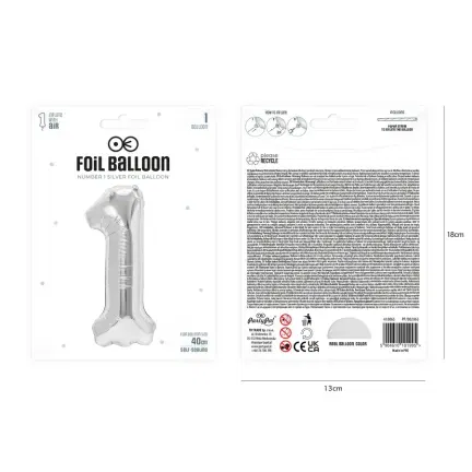 Balon foliowy cyfra 1 srebrny 40cm