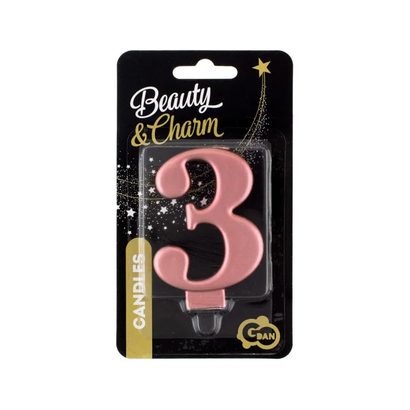 Świeczka 3 metalik różowo-złota, 8 cm