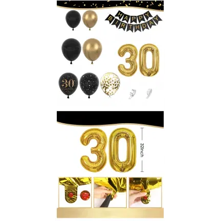 Zestaw balonów na 30 urodziny TRZYDZIESTKA Girlanda balonowa złoto czarna 80 elementów