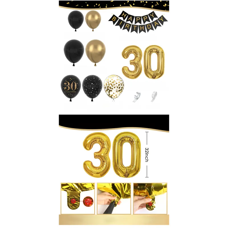 Zestaw balonów na 30 urodziny TRZYDZIESTKA Girlanda balonowa złoto czarna 80 elementów