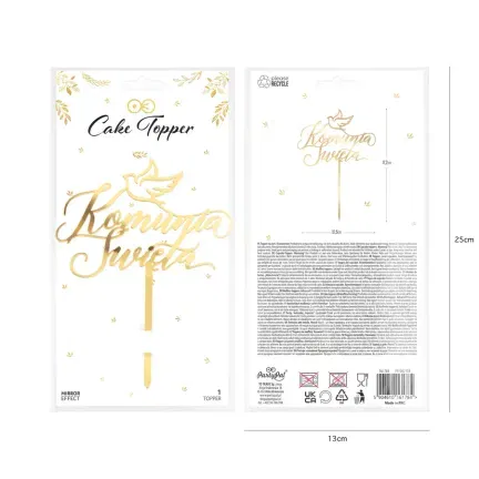 Topper na tort z napisem Komunia Święta Gołąbek lustrzany złoty 1 szt.