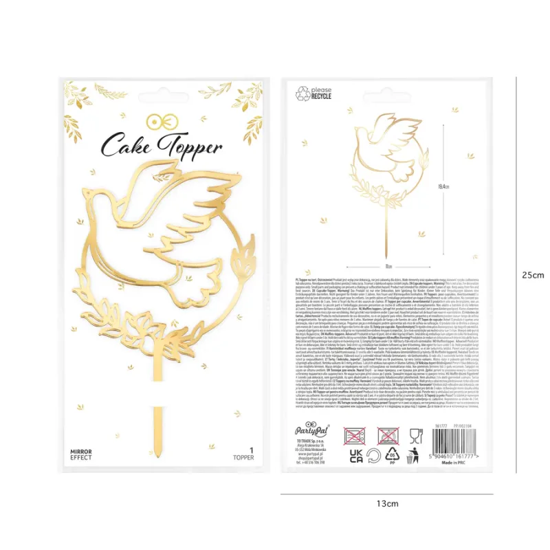 Topper Komunia Święta Gołąb lustrzany złoty 1 szt.