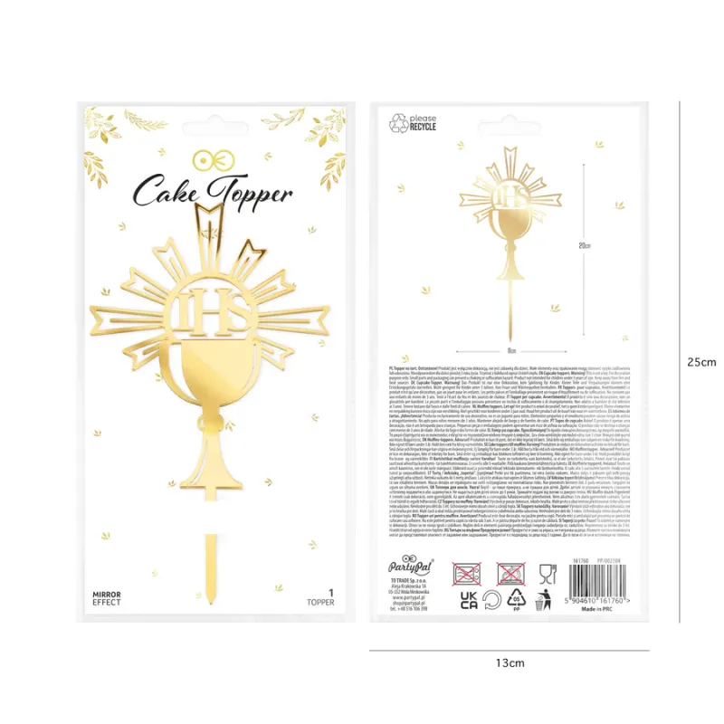 Topper na tort Komunia Święta IHS Kielich lustrzany złoty 1 szt. Topper na tort Komunia Święta IHS Kielich lustrzany złoty 1 szt.