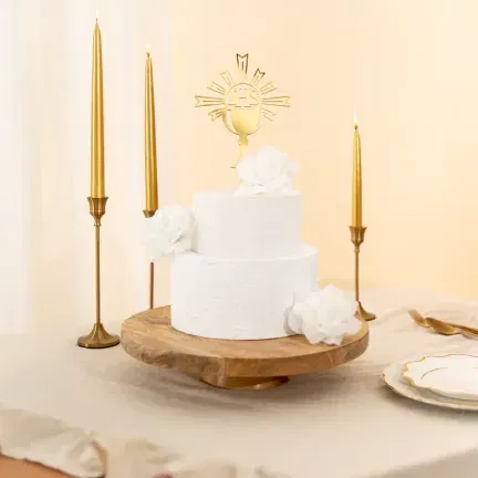 Topper na tort Komunia Święta IHS Kielich lustrzany złoty 1 szt. Topper na tort Komunia Święta IHS Kielich lustrzany złoty 1 szt.