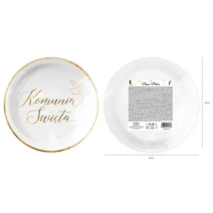Talerzyki papierowe Komunia Święta biało-złote 7 cali 6 szt.