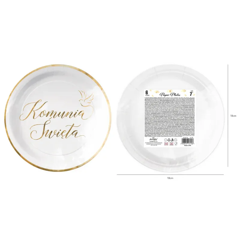 Talerzyki papierowe Komunia Święta biało-złote 7 cali 6 szt.