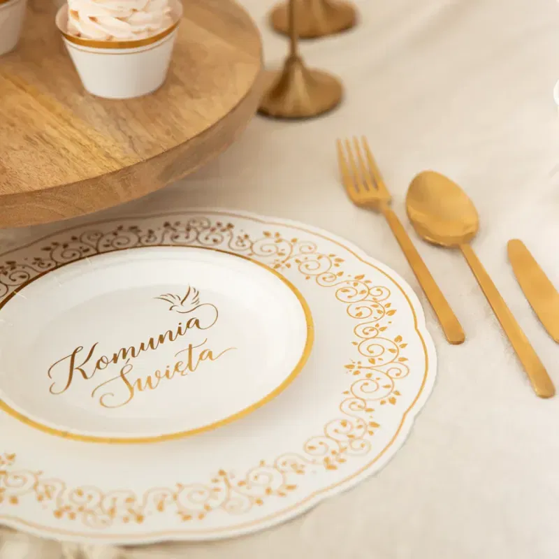 Talerzyki papierowe Komunia Święta biało-złote 7 cali 6 szt.