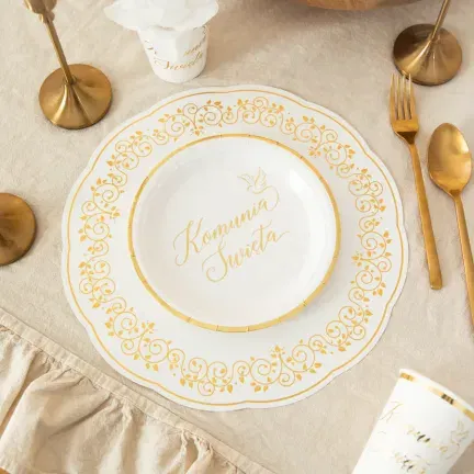 Talerzyki papierowe Komunia Święta biało-złote 7 cali 6 szt.